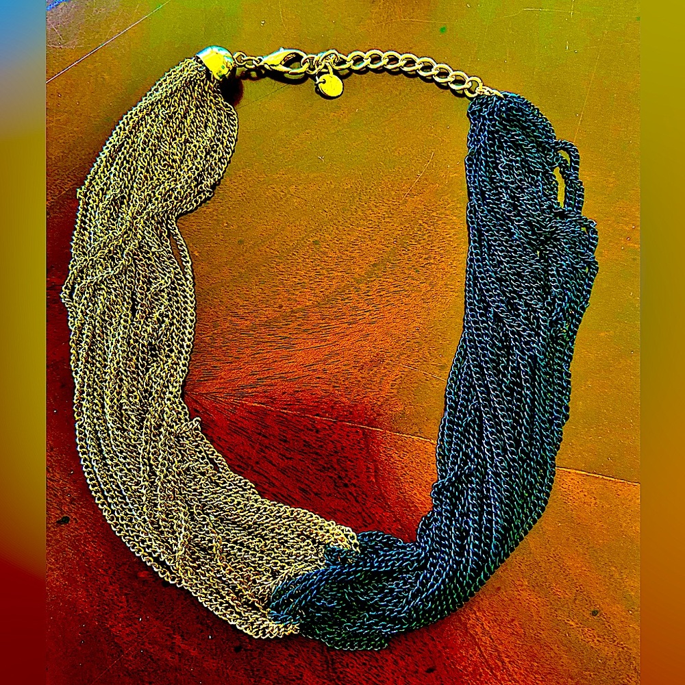 Vintage Signed “N” Multi-Strand Gold and Black Tone Metal Chain Necklace 20”Long